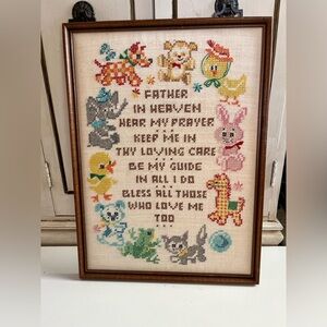 VINTAGE FRAMED NURSERY CROSS STITCH ANIMALS & PRAYER 18 X 13 Children decor